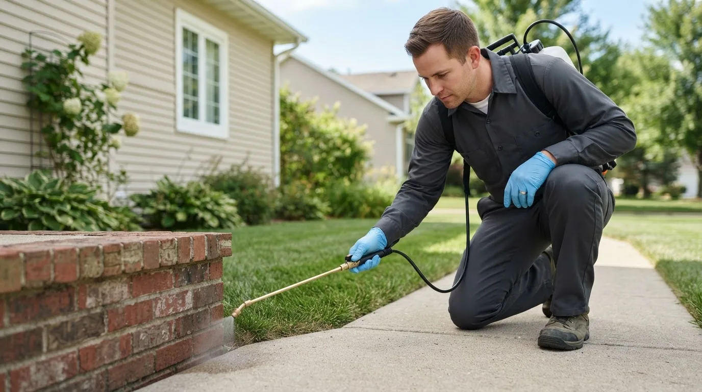 Pest control technician treating a home near Omaha, NE